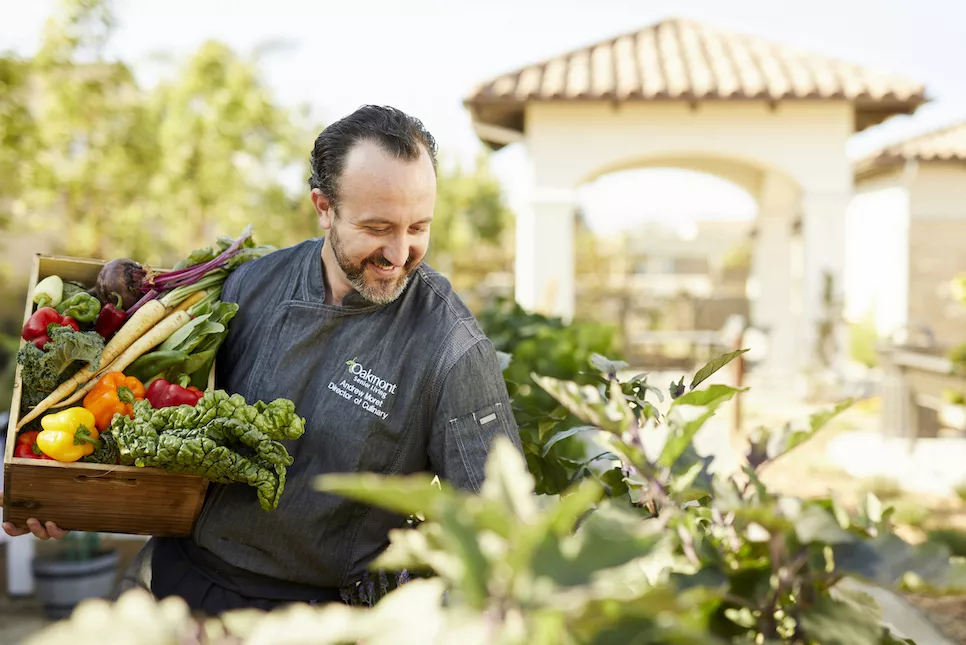 An Oakmont staff member harvesting vegetables