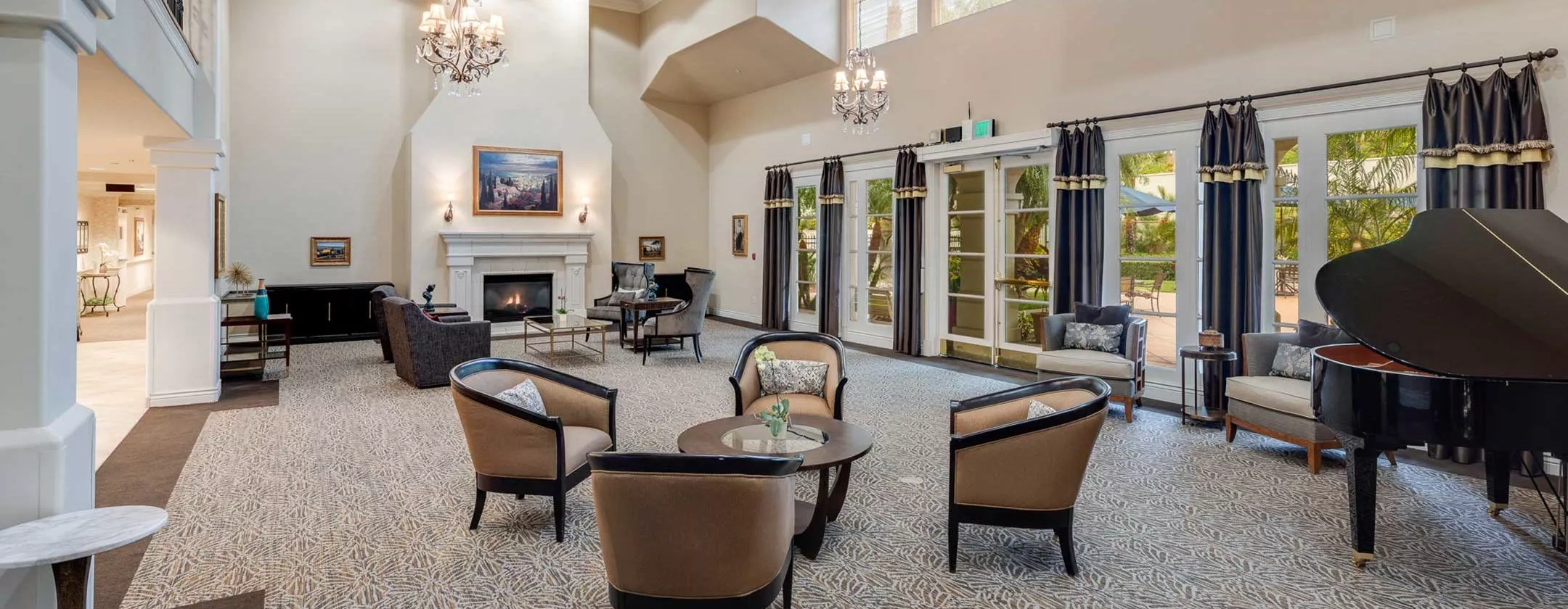 Chino Hills lounge area with piano and fire place