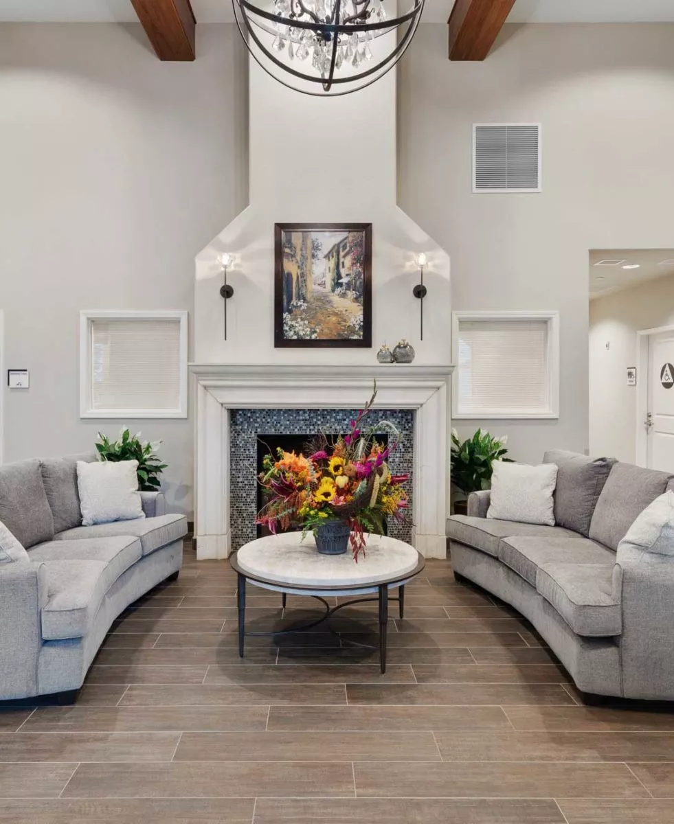 East Sacramento lounge with sofas and fire place