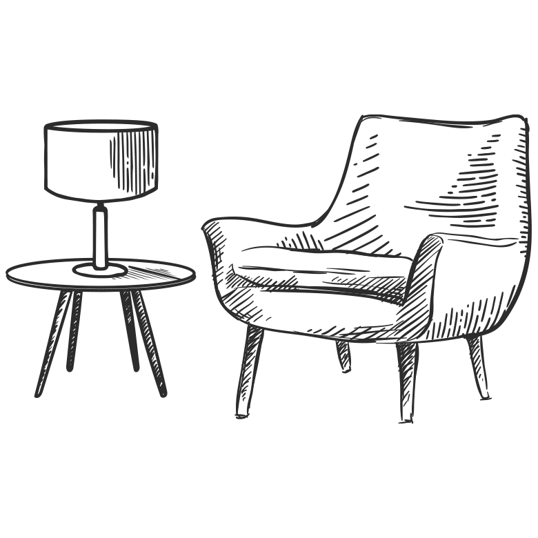Drawing of a lounge chair and a lamp