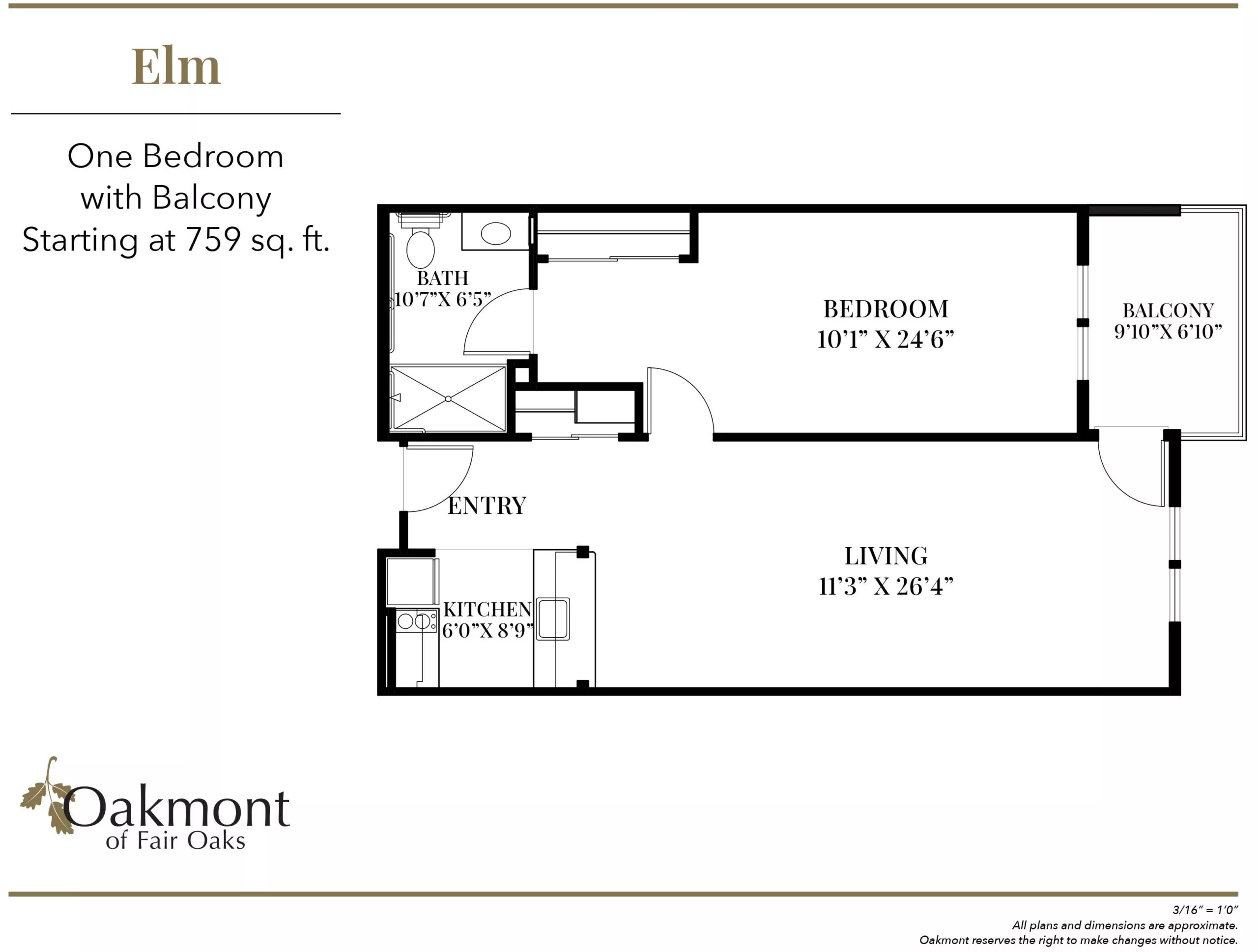 Elm one bedroom with balcony floor plan