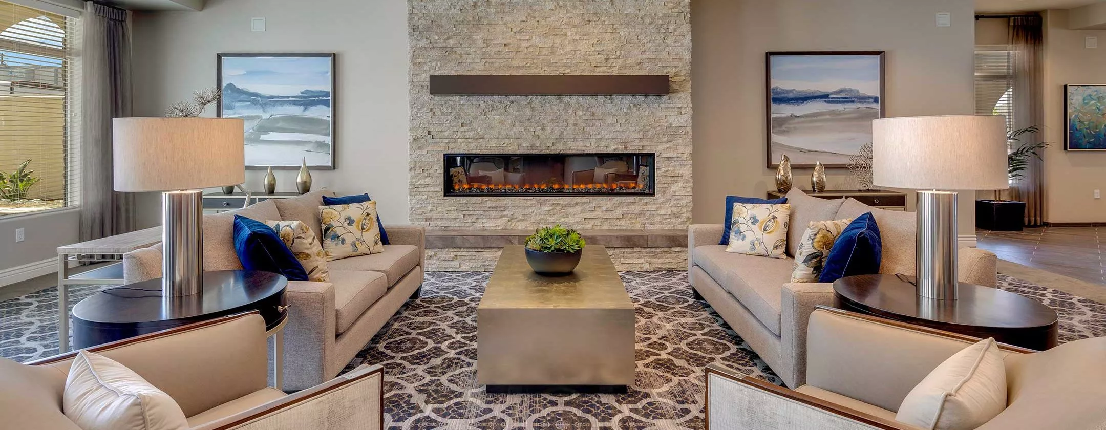 Huntington Beach lounge with fire place and sofas