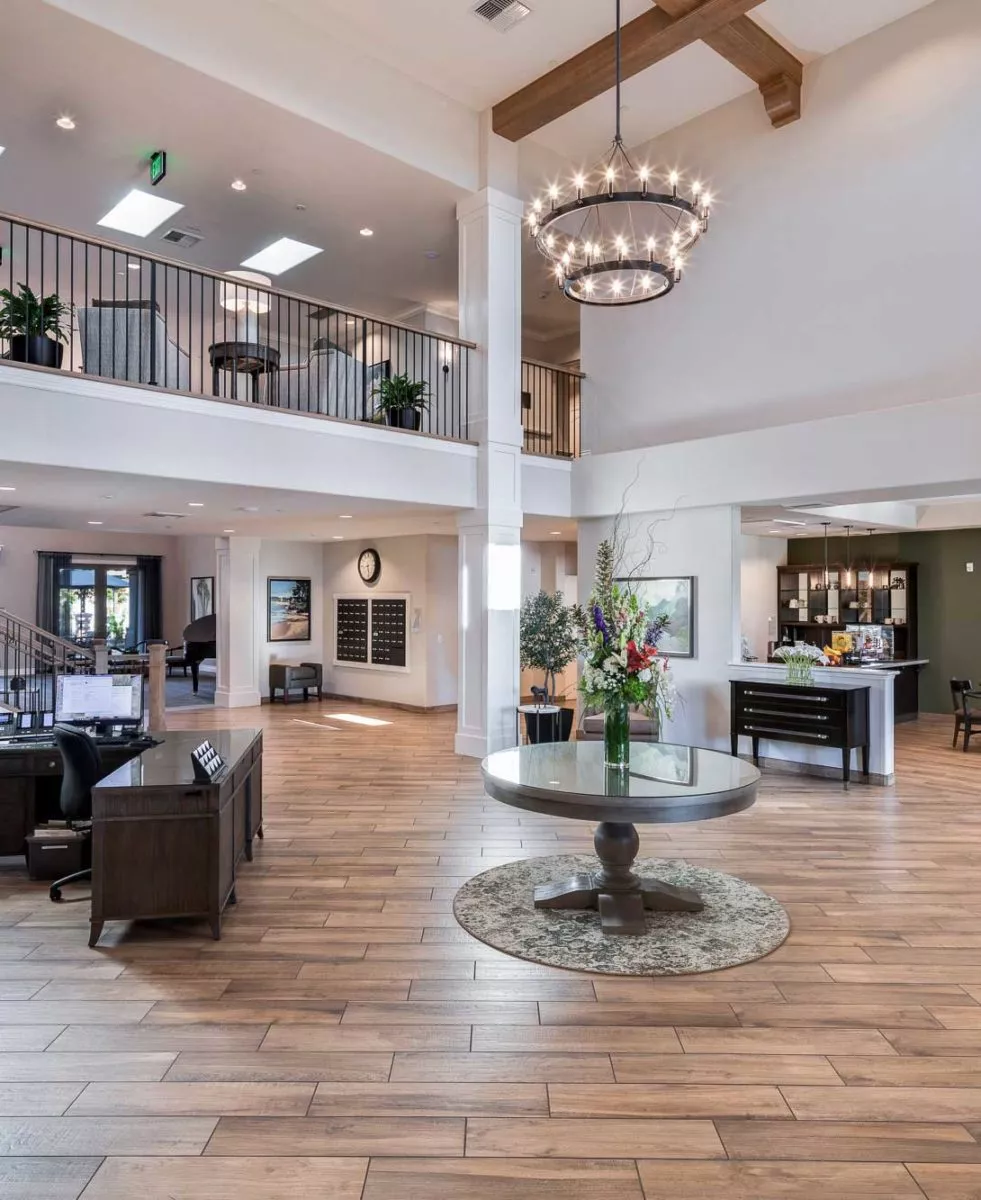 Lodi entry hall with reception desk and chandelier