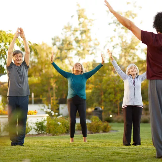 Three people doing Yoga with instructor outside in garden