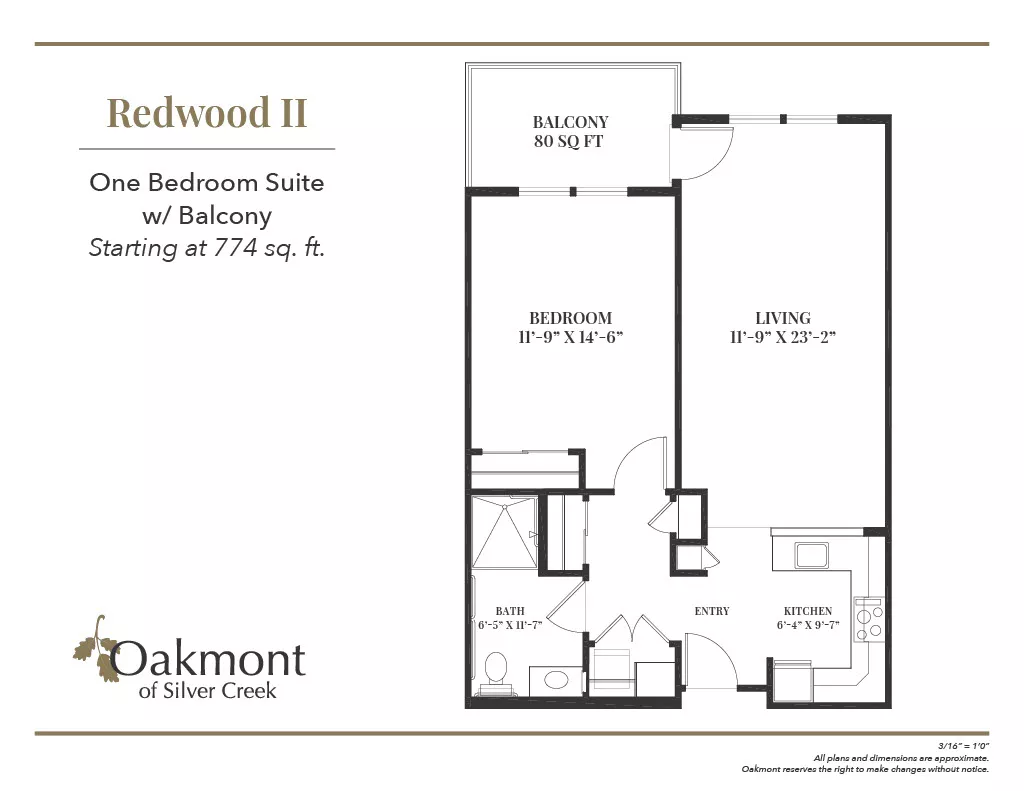 Redwood one bedroom suite with balcony floor plan