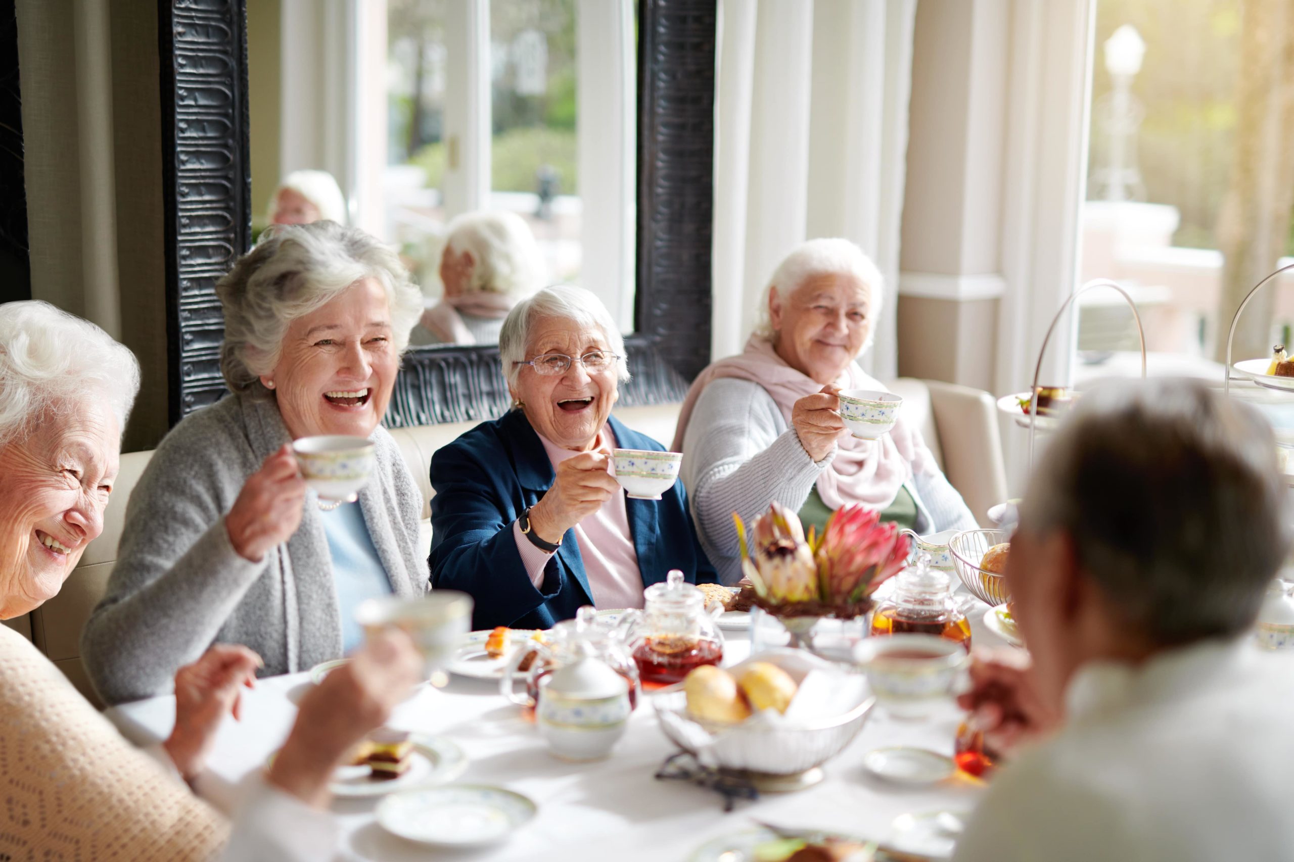 Senior women laughing at tea party