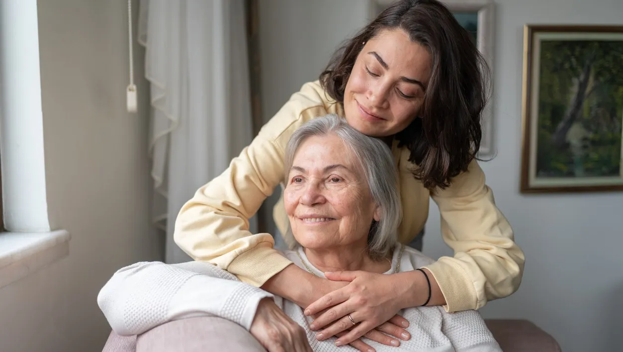 Daughter and mother at a memory care facility